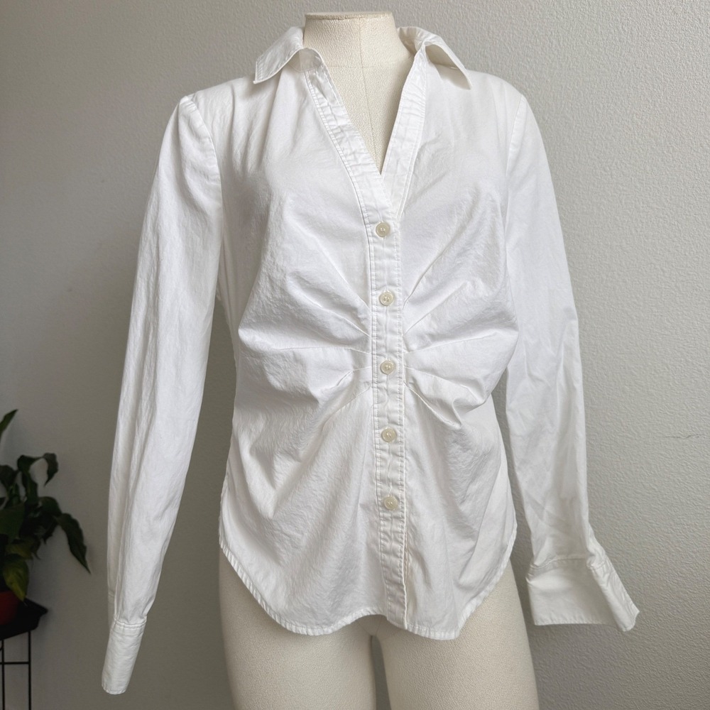 Elie Tahari Button Down Long Sleeve Cotton Blouse Size M Ruched office white Top
